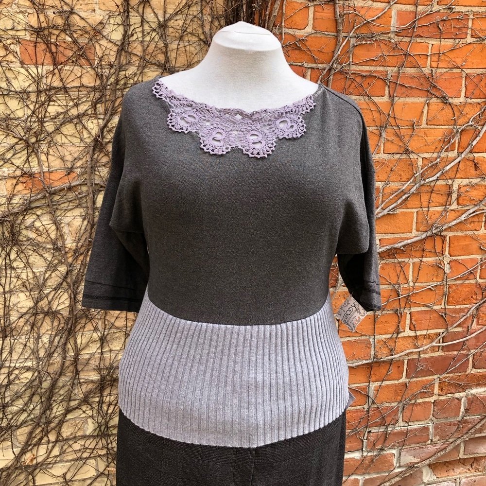 Lace Window Top Upcycled Gray Cotton Knit Shirt Embody